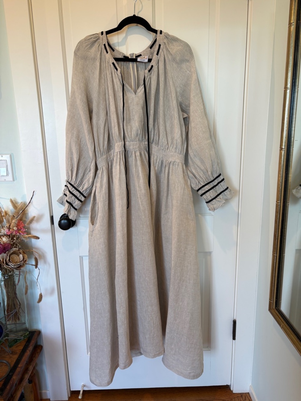 Comfort First Classy Always Light Beige Linen Peasant Maxi Dress with Black Trim